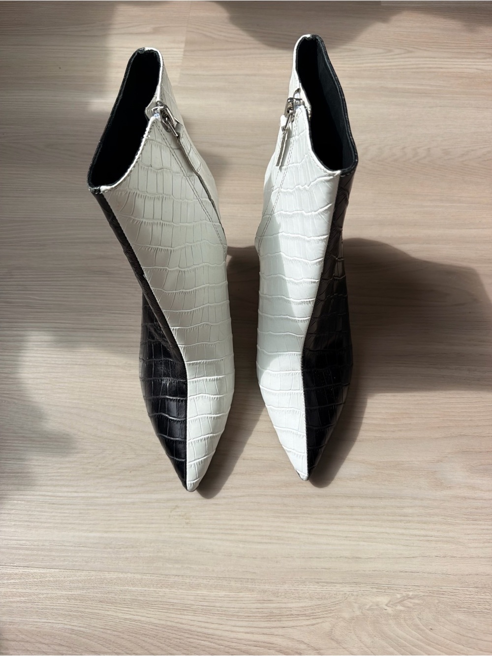 Alice + Olivia Black and White Croc-Embossed Pointed Ankle Boots